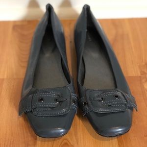 Grey patent leather buckle flats